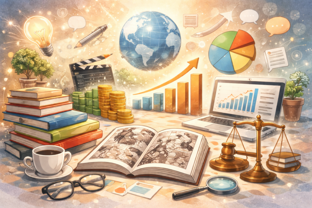 開かれた漫画本を中心に、本の山やコーヒーカップ、グラフ、地球儀、天秤などが配置されたイラスト。漫画文化の広がりや、知的価値・社会的意義・経済的側面を象徴的に表現した落ち着いた世界観のビジュアル。