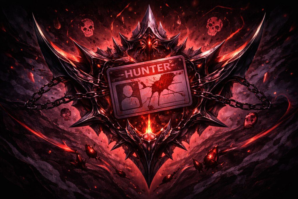 赤黒い紋章と鎖、鋭い刃のモチーフが組み合わさり、圧倒的な力と支配を象徴するダークファンタジー調の抽象イメージ