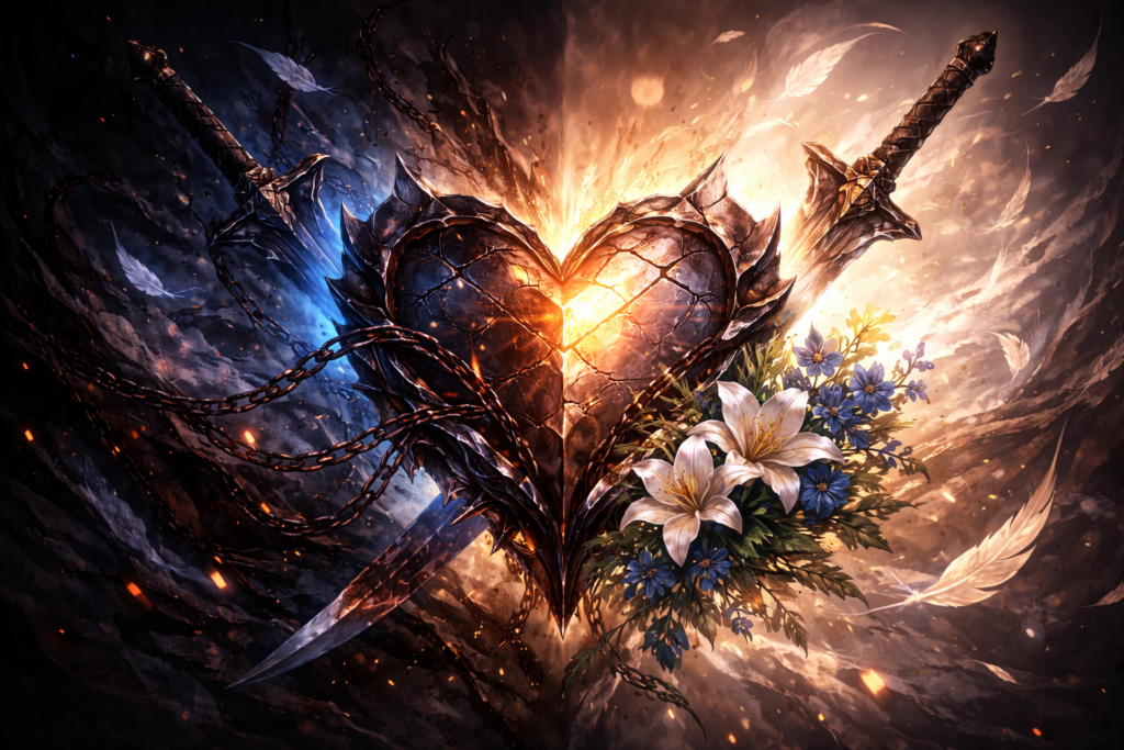 光と影が溶け合う抽象的な空間の中央に、割れた心臓を思わせる意匠が描かれ、片側には鎖や暗色、もう片側には花と柔らかな光が配された内面の葛藤と人間性を象徴するファンタジー調イメージ