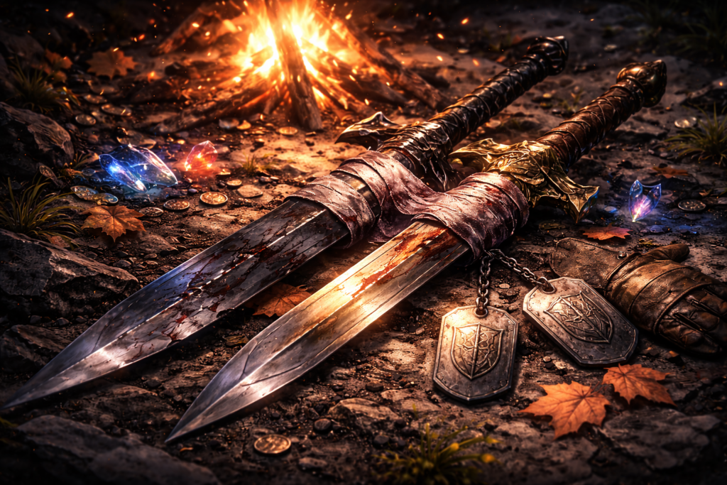 焚き火のそばに並べて置かれた二振りの剣と古びた護符が、共に戦った者同士の信頼と友情を静かに象徴するファンタジー調のイメージ