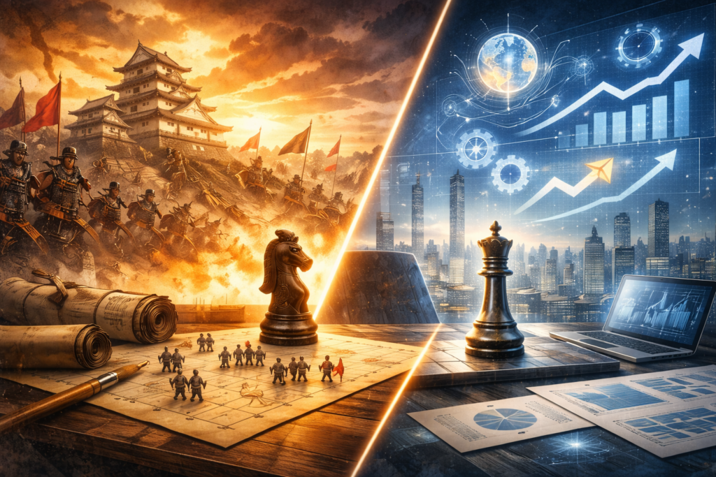 戦国時代の城と戦略図を思わせる空間と、現代の都市とデータ分析環境が対比的に描かれたビジネス戦略を象徴するイメージ
