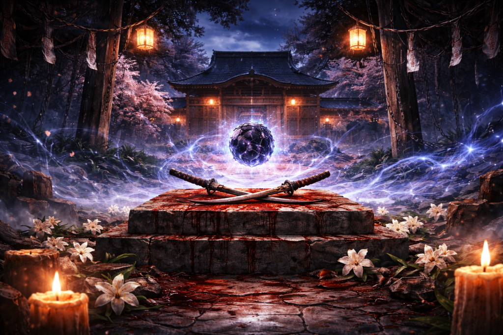 夕暮れの古い寺院の境内に設けられた石の祭壇。交差する刀と、宙に浮かぶ不穏な球体から淡い呪力が広がり、静けさと緊張が同時に漂う。過去の選択と決別を象徴する「懐玉」編の世界観を表現したイラスト