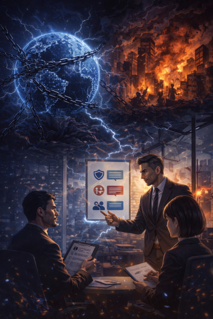 危機に直面する都市と、冷静に事業継続策を協議するビジネスチームを対比的に描いたイメージ。混乱する外部環境と、それに備える組織的なリスクマネジメントの重要性を象徴している。