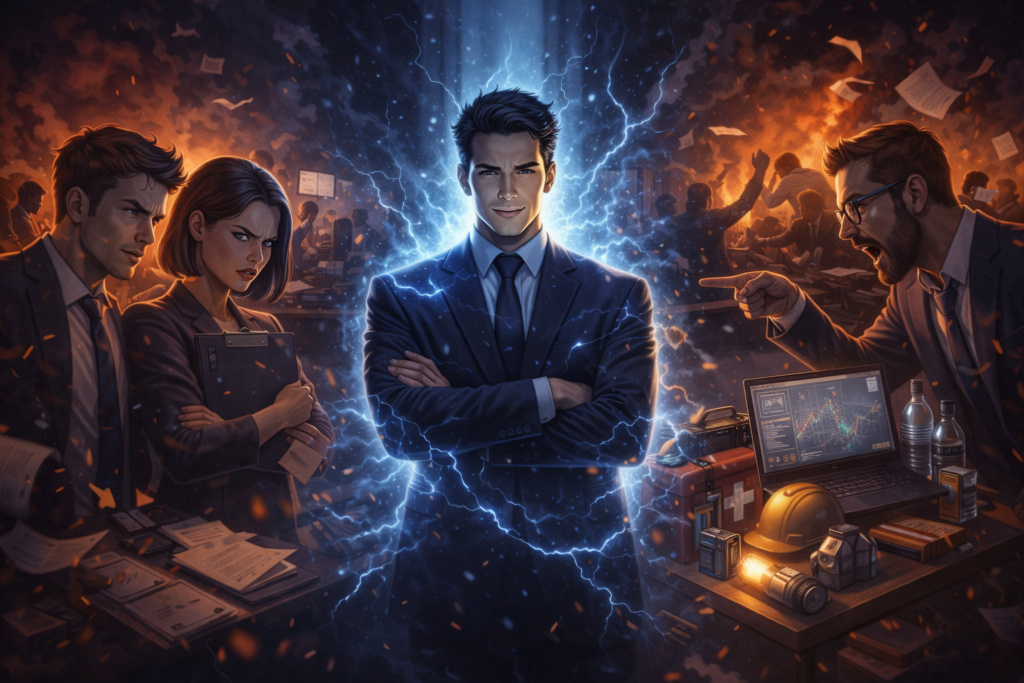 突出した成果を出す人物と、その存在に複雑な感情を抱く周囲の同僚たちを対比的に描いたビジネスイメージ。職場において嫉妬や緊張が生まれる構造と、人間関係への影響を象徴している。