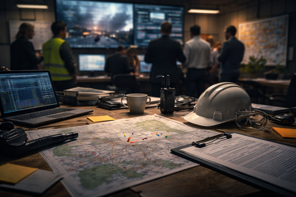 地図や資料、通信機器が並ぶ指令室のテーブルを中心に、現場情報と事実をもとに冷静な危機対応が行われている様子を表したイメージ