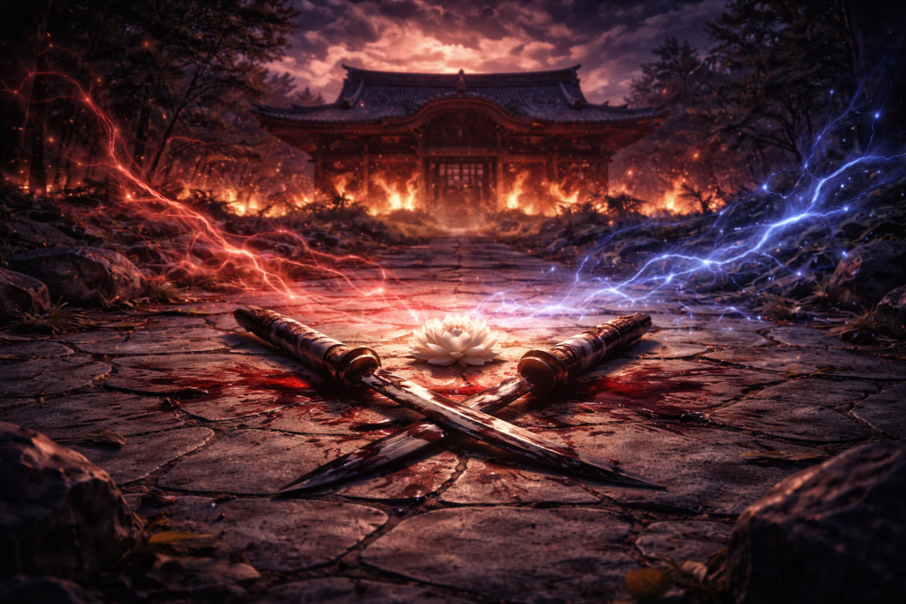 夕暮れの境内に敷かれた石畳の上で、二本の刃が交差し、その中央に白い花が静かに咲いている。背後では炎に包まれた社と、赤と青のエネルギーが空間を引き裂くように広がり、対立と選択、避けられない運命を象徴するイラスト