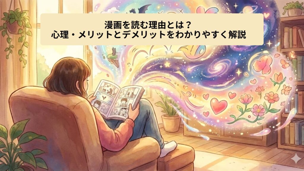ソファに座って本（漫画）を読んでいる女性から、想像力豊かな空想の世界が広がっていく様子を描いた温かい雰囲気のイラスト