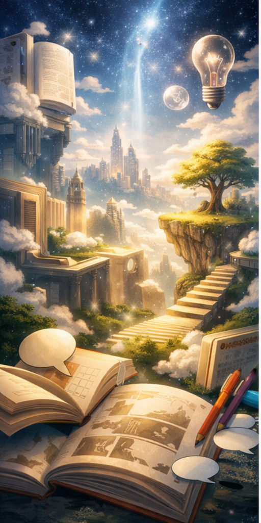 漫画の本やコマを思わせるオブジェクトが浮かぶ幻想的な風景。空へ伸びる階段とアイデアを象徴する光が描かれている。