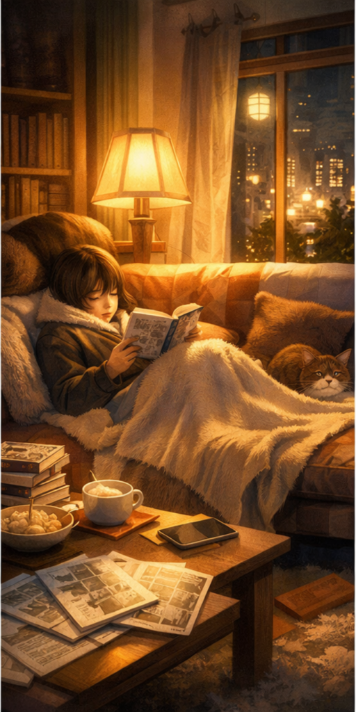 夜の部屋でソファにくつろぎながら漫画を読む人物と、そばで丸くなる猫。暖かな照明の落ち着いた読書時間。