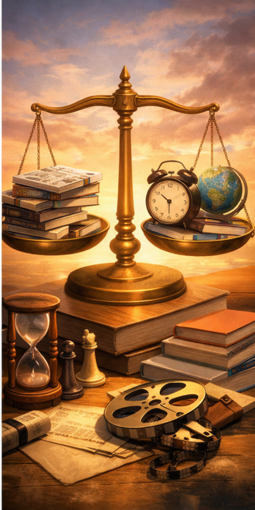 天秤の片側に漫画や本、もう片側に時計や地球儀が置かれた静物。時間と学びのバランスを象徴する構図。