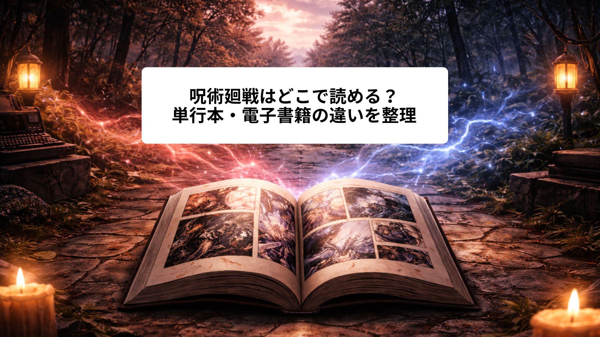夕暮れの森へと続く石畳の道の中央に開かれた一冊の本が置かれ、そこから穏やかな光と二色のエネルギーが広がっていく様子。物語と向き合い、自らの選択を考えることを促す、呪術廻戦のテーマ性を象徴したイラスト
