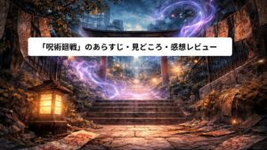 夕暮れの現代日本にある静かな神社の石段と鳥居。街の灯りを背景に、淡い紫と青の光が空間に揺らめき、呪いと呪術が共存する世界観を象徴的に表現しているイラスト