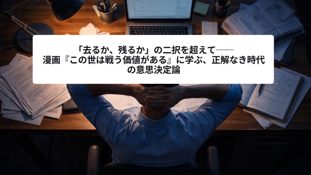 仕事の判断に迷いながらデスクに向かう人物の後ろ姿。正解のない意思決定を考える様子を表したイメージ。