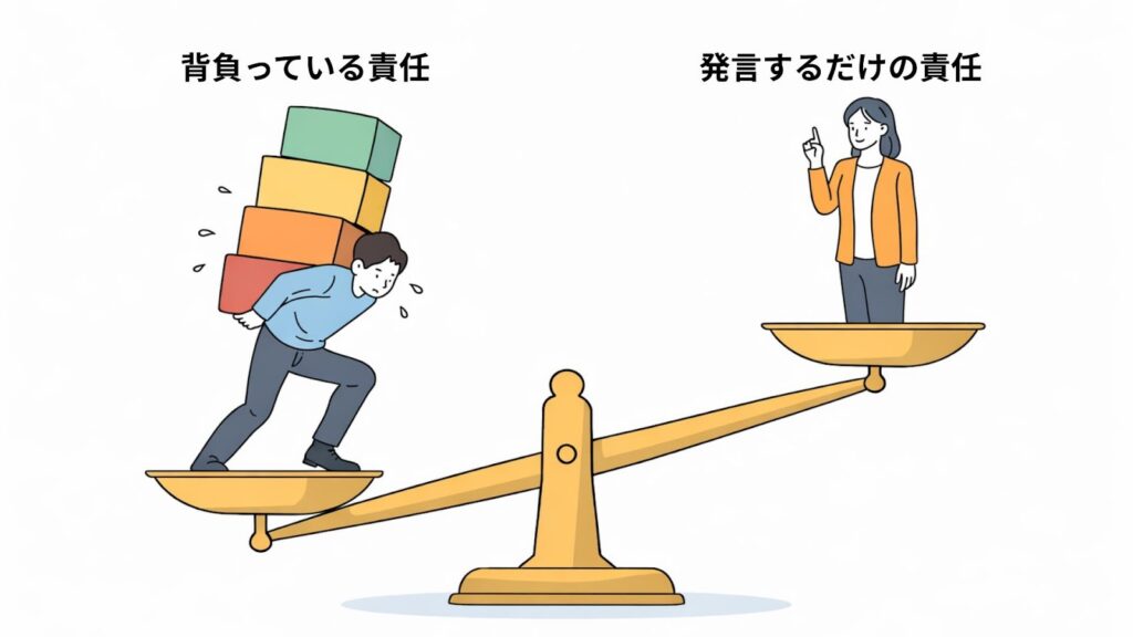 責任の重さの不均衡を示す図。左では多くの責任を背負って苦しむ人物、右では発言するだけで軽い立場にいる人物が、天秤の上で対比されているイラスト。
