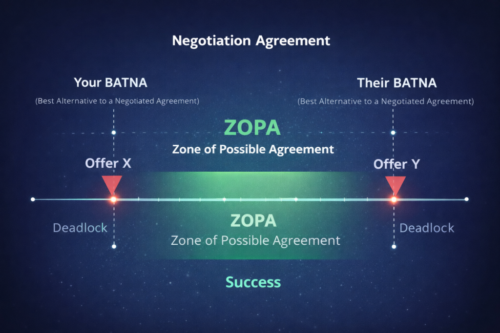 交渉の着地点を示すZOPA（合意可能な領域）を数直線で表現した図。双方のBATNAと提示条件の位置関係から、妥結と決裂の境界が一目で分かる構成」
