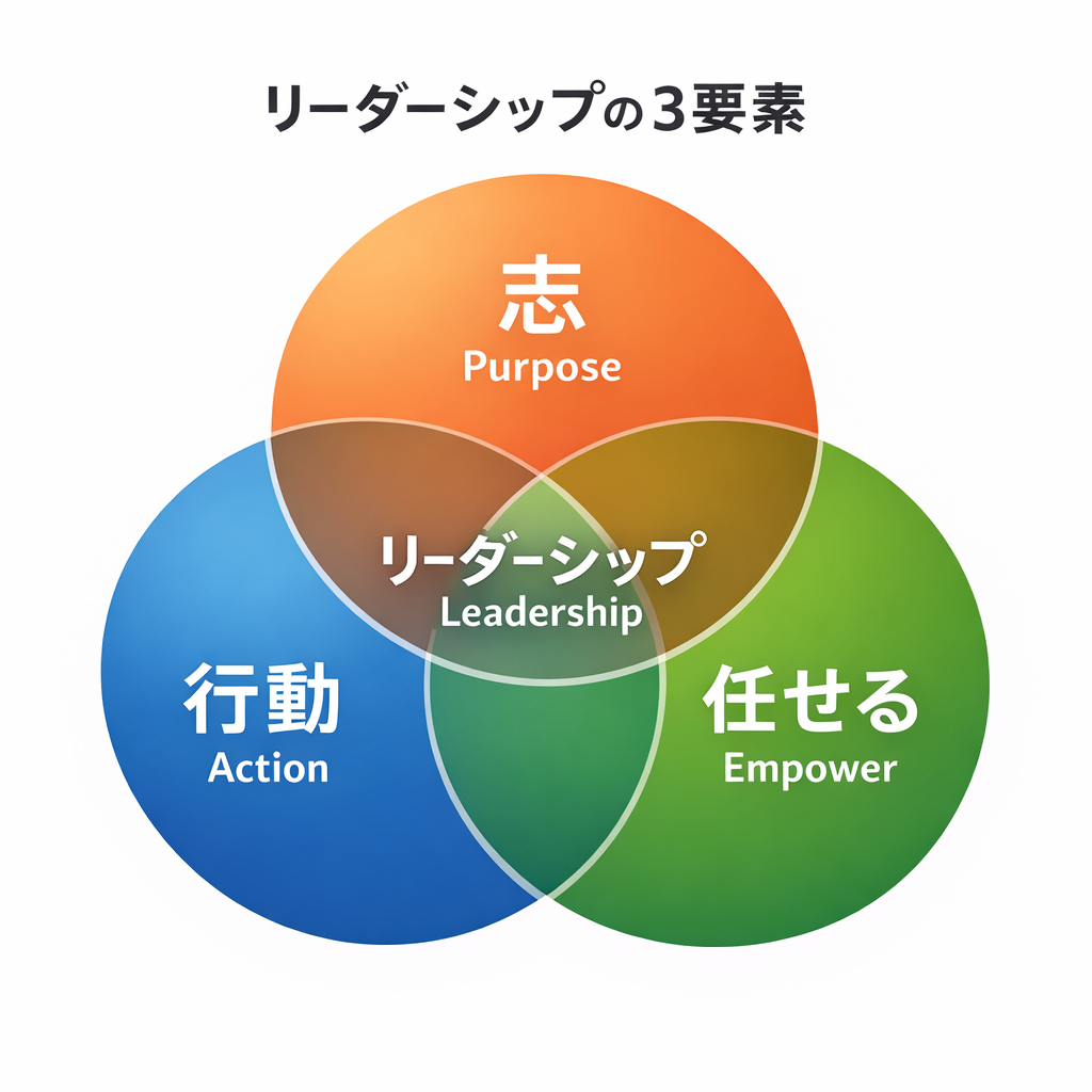 リーダーシップの3要素「志・行動・任せる」の関係を示したベン図。3つの円が重なり合い、中心部分に「リーダーシップ」と表示され、ビジョン・実行力・権限委譲の統合が求心力を生むことを視覚的に表現している。