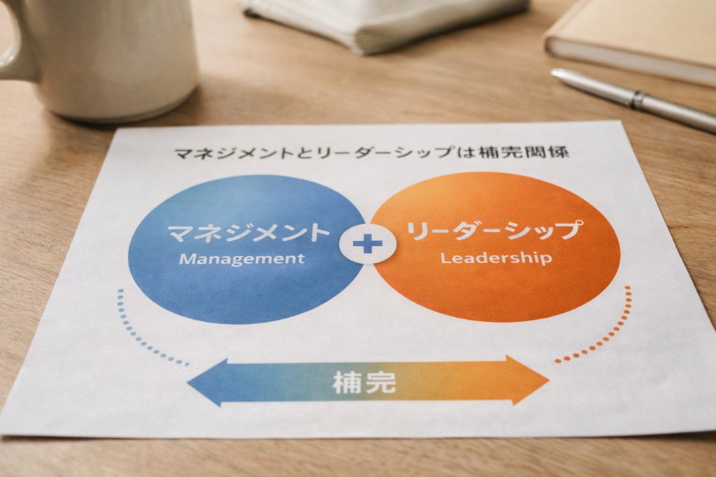 木製デスクの上に置かれた図解資料。青色の「マネジメント（Management）」とオレンジ色の「リーダーシップ（Leadership）」の2つの円が重なり合い、中央にプラス記号、下部に「補完」と書かれた矢印が配置されている。両者が対立ではなく補完関係にあることを示す構造図。