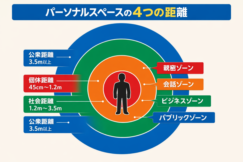 パーソナルスペースの4つの距離を示した同心円図。中央に人物シルエットがあり、内側から順に赤の「親密距離（0〜45cm）」、オレンジの「個体距離（45cm〜1.2m）」、緑の「社会距離（1.2m〜3.5m）」、青の「公衆距離（3.5m以上）」の4層で構成されている。それぞれに「親密ゾーン」「会話ゾーン」「ビジネスゾーン」「パブリックゾーン」と心理的役割が示されている。