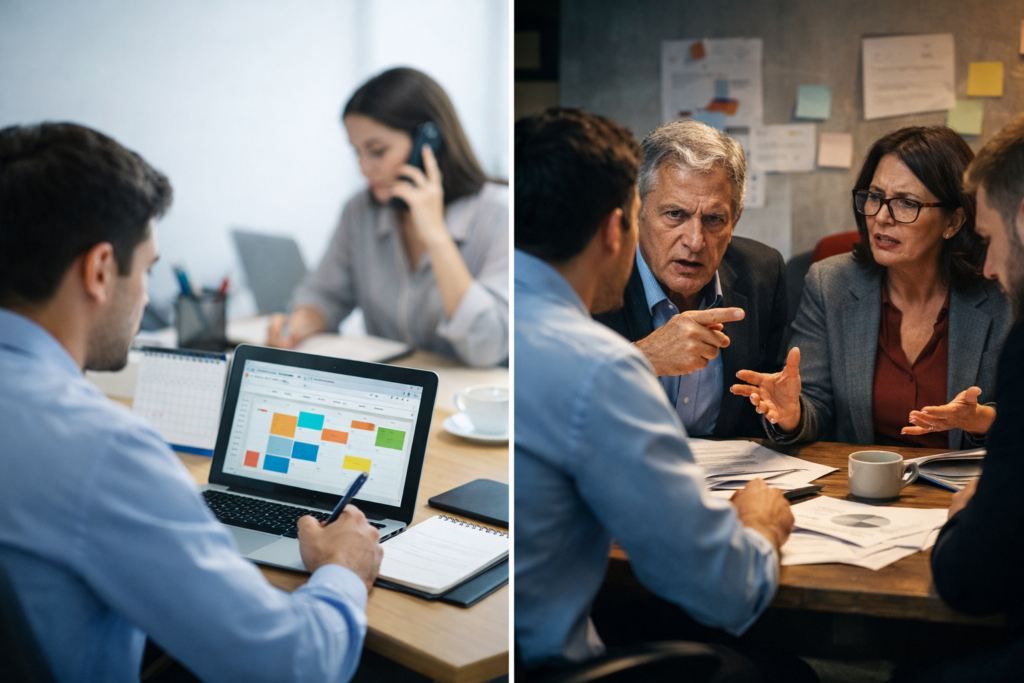 明るいオフィスでノートパソコンのカレンダーを操作し日程調整をしている若手社員の様子と、別室で上司同士の緊張した議論に向き合い利害調整を行っている場面を対比した構図。表面的なスケジュール管理と、本質的な社内調整の違いを視覚的に示している。