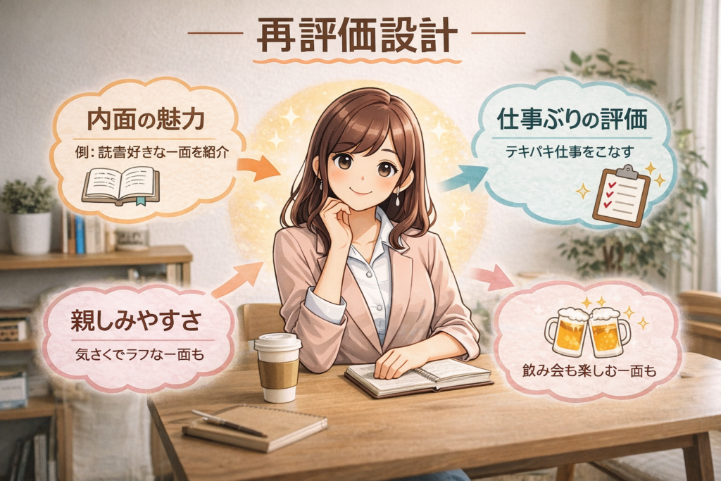 再評価設計の図解。中央に若い女性社員のイラストがあり、周囲に「内面の魅力（例：読書好きな一面を紹介）」「仕事ぶりの評価（テキパキ仕事をこなす）」「親しみやすさ（気さくでラフな一面も）」「美味しい素顔も」といった要素が吹き出しで配置され、第一印象から行動による再評価へと更新される構造を示しているインフォグラフィック。
