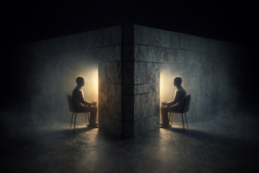 壁を挟んで向かい合う二人の人物を描いた抽象的なイメージ。対話の場が設けられていても、構造的な隔たりによって意思疎通が阻まれている状態を象徴している。