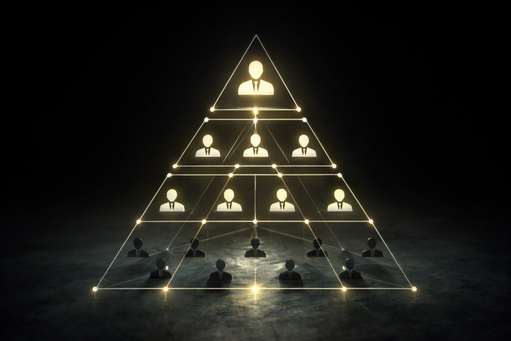 階層的に配置された人物アイコンをピラミッド状に描いた抽象的な図。意思決定と権限が上位に集中する組織構造を象徴している。
