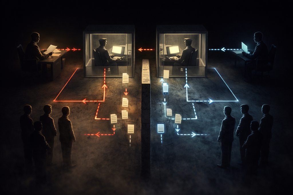 組織の上層で情報が管理され、複数のフィルターを経て現場に伝達される様子を示した抽象図。現場には断片的な情報しか届かない、閉鎖的な組織構造を象徴している。