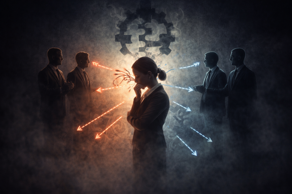 相反する方向からの指示や期待が一人に集中する構図を描いた概念イラスト。組織の矛盾を個人に押し込める中間管理職の役割を視覚化している。