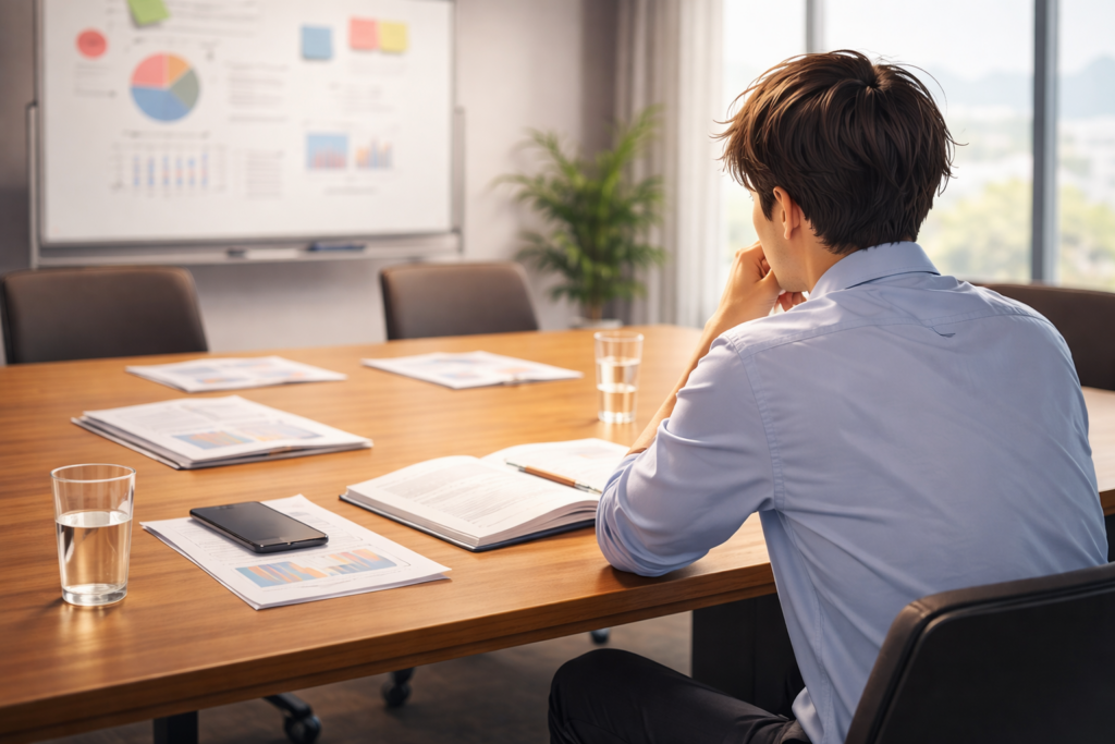 会議室のテーブルで資料を前に一人考え込む人物の後ろ姿。正解のない状況で意思決定に向き合う静かな時間を表したイメージ。