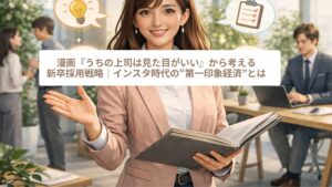 現代的なオフィスで、ピンクのジャケットを着た若手女性社員が資料を手に笑顔で立っているセミリアルなビジネスイメージ。背景では同僚が打ち合わせや作業をしており、周囲には電球・チェックリスト・ハートなどのアイコンが浮かび、第一印象から再評価へとつながる成長や信頼の更新を象徴している。