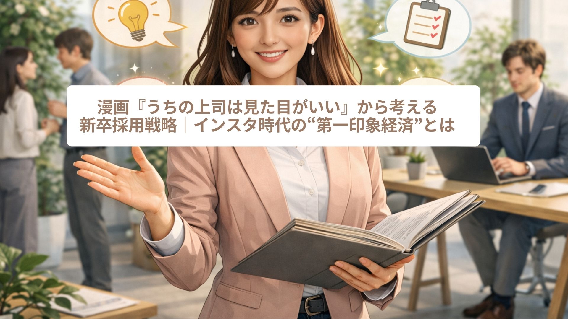 現代的なオフィスで、ピンクのジャケットを着た若手女性社員が資料を手に笑顔で立っているセミリアルなビジネスイメージ。背景では同僚が打ち合わせや作業をしており、周囲には電球・チェックリスト・ハートなどのアイコンが浮かび、第一印象から再評価へとつながる成長や信頼の更新を象徴している。