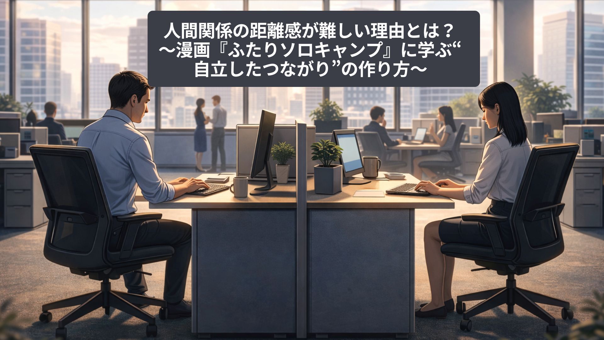 自然光が差し込む現代的なオフィス空間で、男女の社員が向かい合うデスクに座り、それぞれパソコン作業をしている様子。中央にパーティションがあり、適度な物理的距離が保たれている。背景では他の社員が会話や作業をしており、職場における人間関係の距離感とパーソナルスペースを象徴する構図となっている。