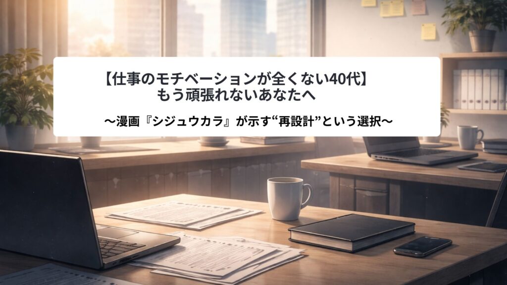 仕事のモチベーションが上がらない40代を象徴する、人物のいない静かなオフィス空間。書類やノートパソコンが置かれ、夕暮れの光が差し込むデスク風景。