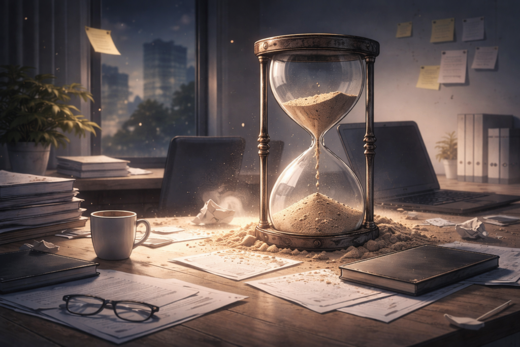 仕事が続かない40代の適応疲労を象徴する、砂がこぼれる砂時計と乱雑なデスクの抽象イメージ。時間の経過とエネルギーの消耗を表現したビジュアル。
