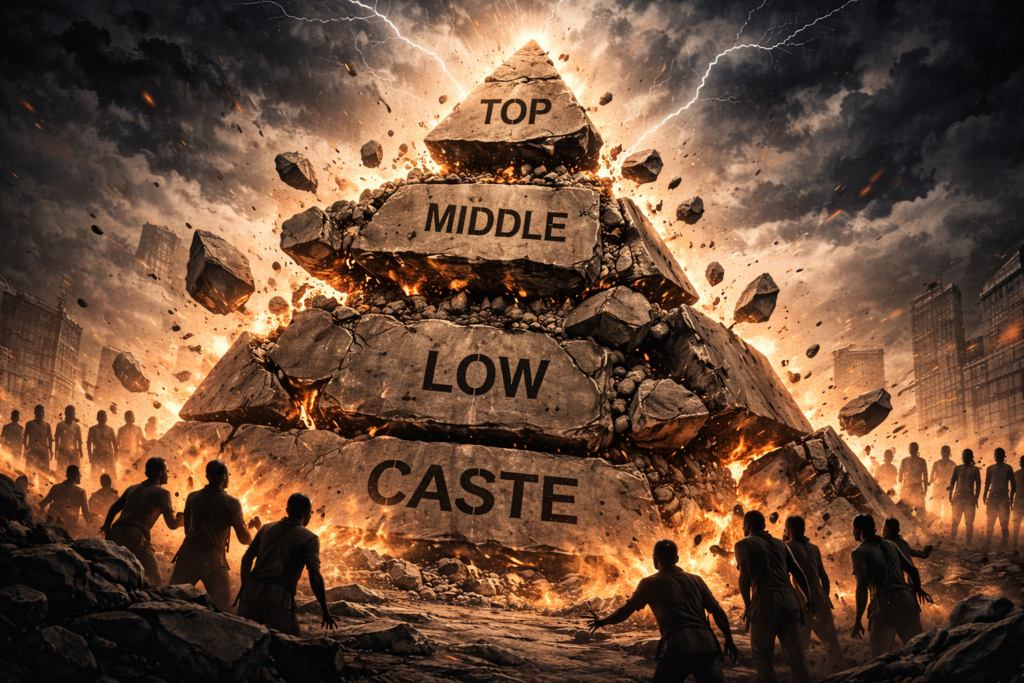 ピラミッド型のカースト構造が崩壊し、組織の権力構造の崩れを象徴的に表現したイメージ画像