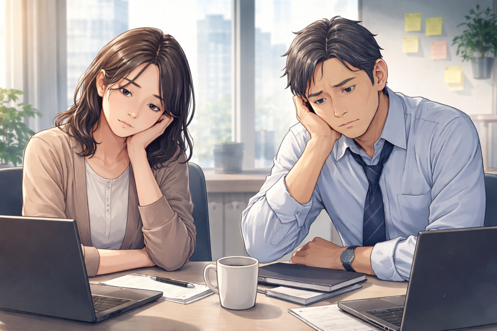 仕事のモチベーションが上がらない40代を象徴する、オフィスで疲れた表情で考え込む男女のイラスト。デスク上のパソコンや書類が仕事の停滞と疲労感を表現している。