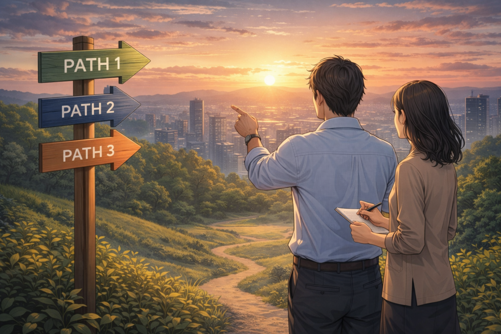40代の仕事における再設計戦略を象徴する、分岐する道と方向を示す看板の前で進路を考える男女のイラスト。