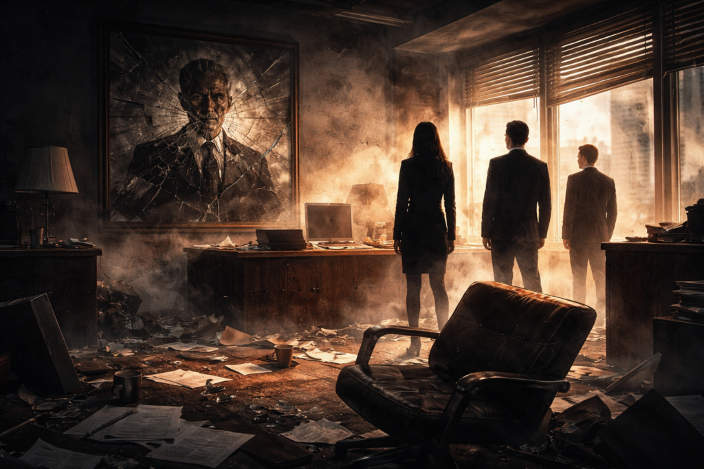 散乱したオフィスと壊れた空間により、企業の組織崩壊や権力構造の崩れを表現したイメージ画像