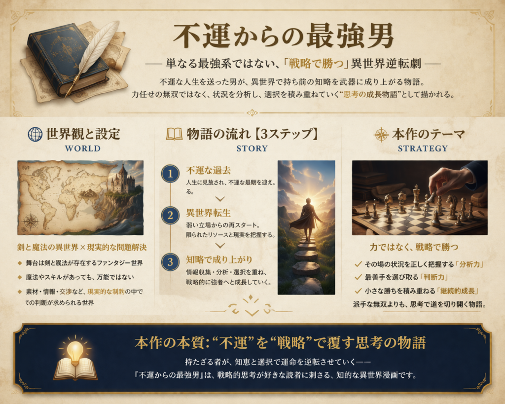 不運からの最強男のストーリー構造と戦略的な成長を示した図解イメージ