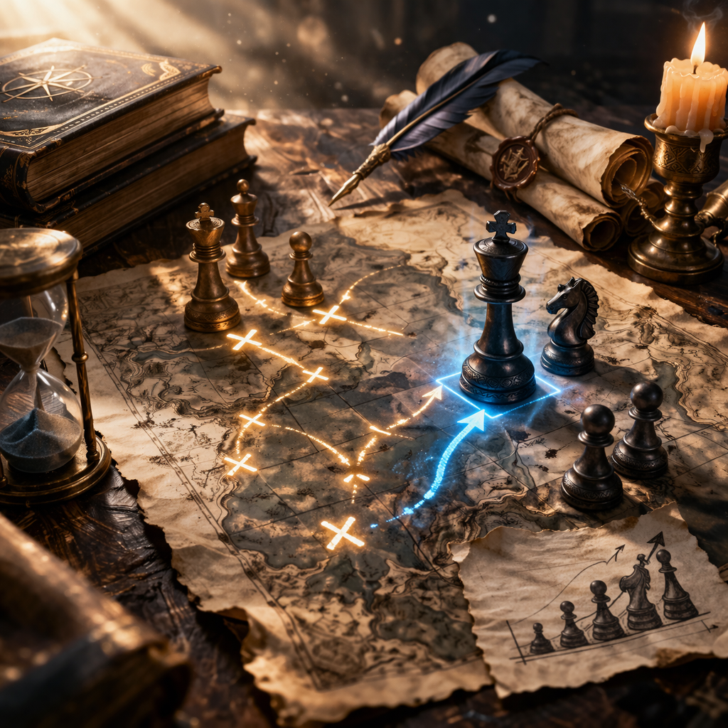 地図と駒を用いて戦略を組み立てる様子を表したファンタジーイメージ