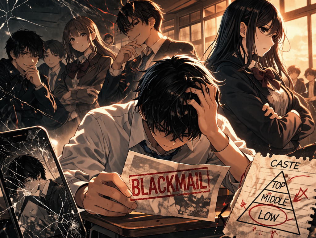 カースト構造の中で孤立した生徒がブラックメールを手にし、学校内の権力関係と緊張を描いたイラスト