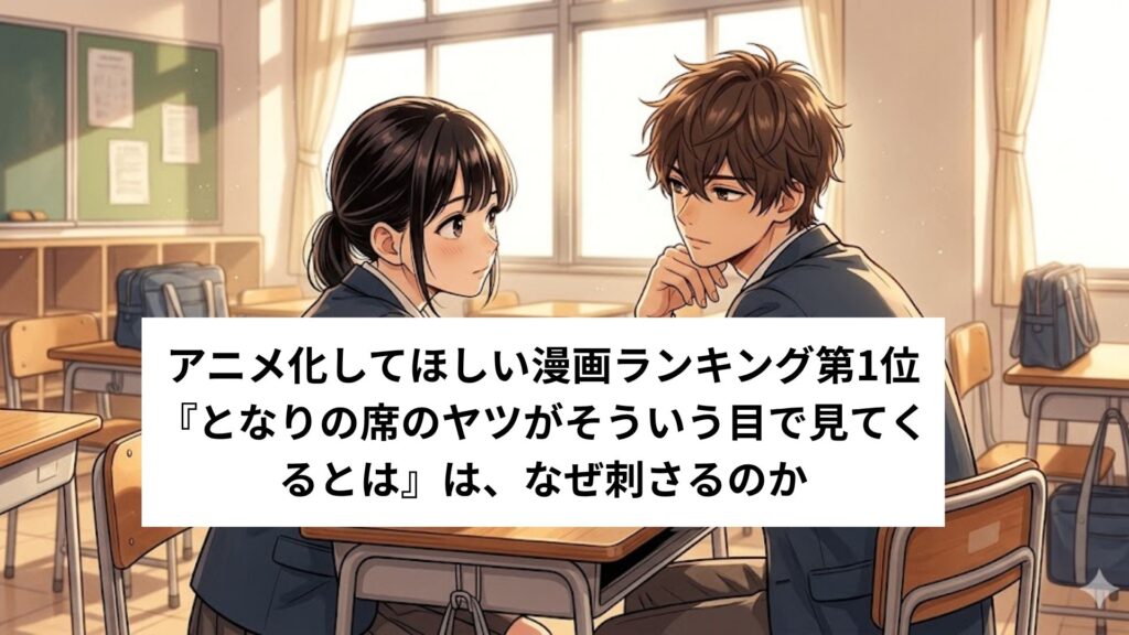 夕日 が 差し込む 教室 で、 隣り合う 席 に 座る 男子 高校生 と 女子 高校生。 女子 生徒 が 少し 照れ た 様子 で、 男子 生徒 が 彼女 を 見つめ て いる。 アニメ 調。