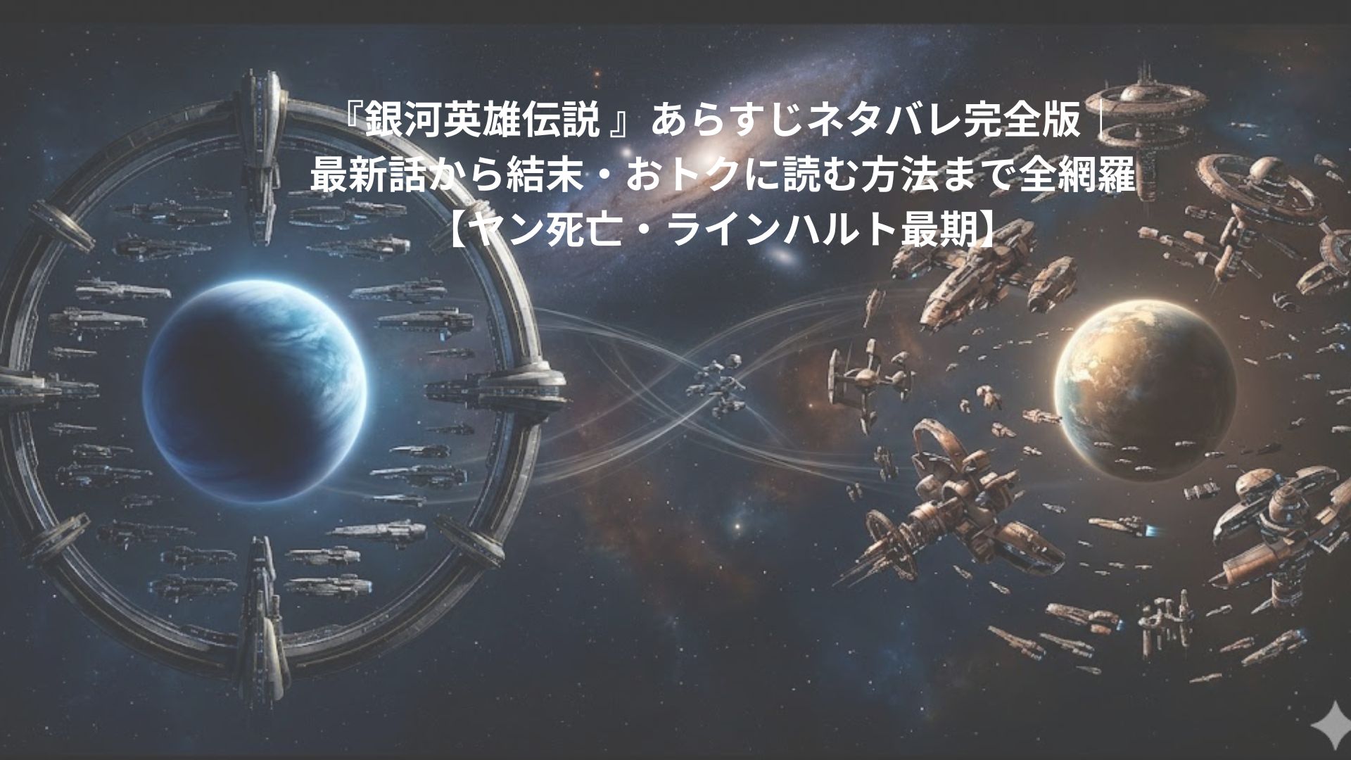 銀河英雄伝説の世界観を表現したアイキャッチ画像。対立する銀河帝国と自由惑星同盟の巨大艦隊が、広大な宇宙空間で対峙する壮大なSF叙事詩のイメージ。