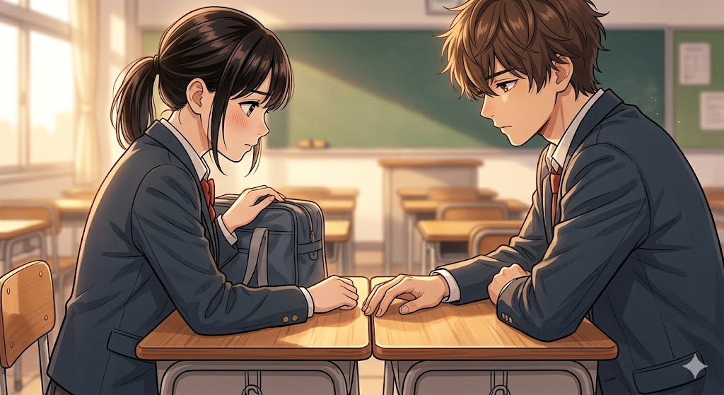 夕日 が 差し込む 静か な 教室 で、 隣り合う 席 に 座る 男子 高校生 と 女子 高校生。 机 の 上 に 置か れ た 二人 の 手 が、 触れ そう で 触れ ない 距離 に あり、 その 絶妙 な 距離 感 が 強調 さ れ て いる。 二人 は うつむき 加減 で、 教室 に は 繊細 な 空気 が 流れ て いる。 アニメ 調。