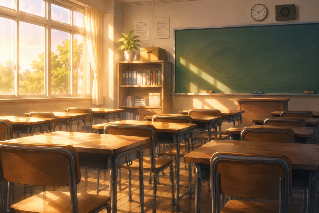 夕陽の光が差し込む放課後の教室。並んだ机と空席が静かな青春ラブコメの空気感を表現しているイメージ。