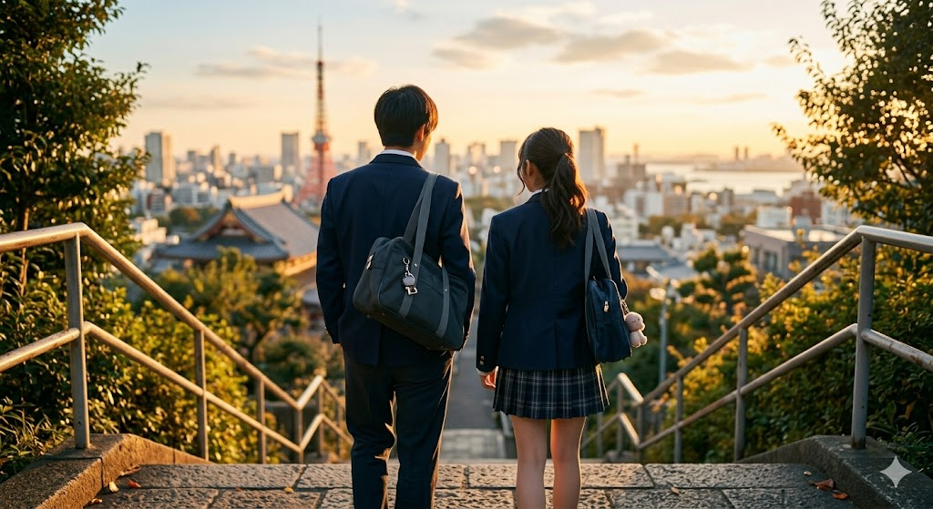 夕暮れ時、東京タワーと街並みを見下ろす階段の最上段に立つ、制服姿の男子生徒と女子生徒の後ろ姿。